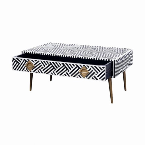 Boho Black And White Bone Inlay 1 Drawer Coffee Table With Gold Metal Legs