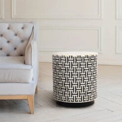 Boho Black And White Bone Inlay Drum Side End Table With Black Metal Base