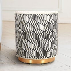 Boho Black And White Bone Inlay Drum Side End Table With Gold Metal Base