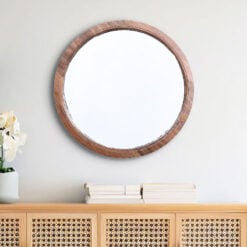 Boho Country Rustic Round Brown Solid Mango Wood Wall Mirror 46cm