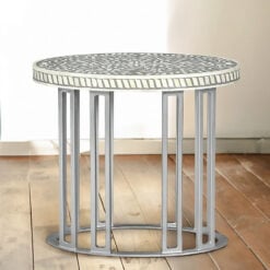 Boho Grey And White Bone Inlay Side End Table With Silver Metal Base