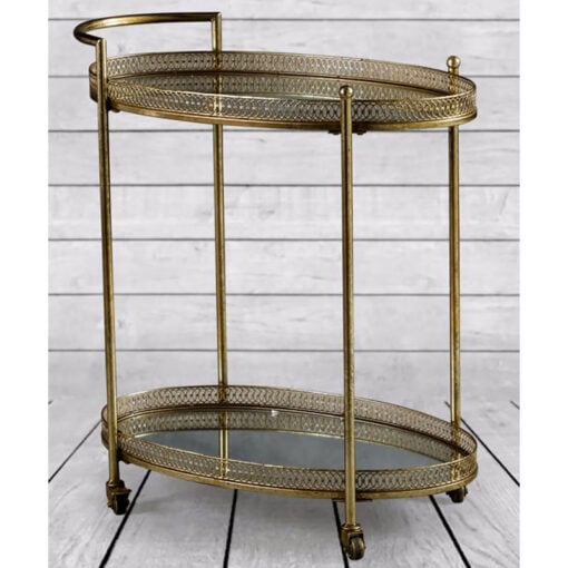 Boho Moroccan Antique Gold Metal And Mirrored Glass 2 Tier Drinks Trolley