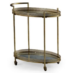 Boho Moroccan Antique Gold Metal And Mirrored Glass 2 Tier Drinks Trolley