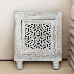 Boho Rustic Antique Light Grey 1 Drawer Carved Solid Mango Wood Side Table Bedside Cabinet