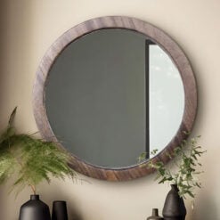 Boho Rustic Country Round Brown Grey Solid Mango Wood Wall Mirror 60cm