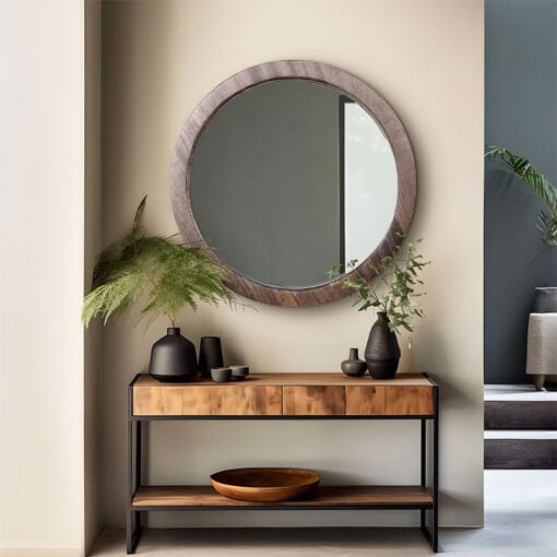 Boho Rustic Country Round Brown Grey Solid Mango Wood Wall Mirror 60cm