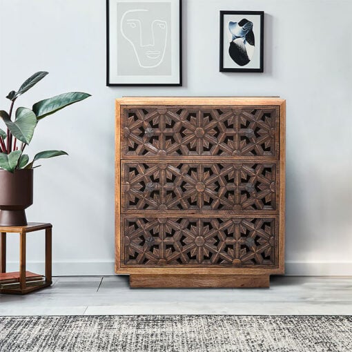 Boho Rustic Floral Carved 3 Drawer Solid Mango Wood Chest Of Drawers