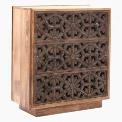 Boho Rustic Floral Carved 3 Drawer Solid Mango Wood Chest Of Drawers