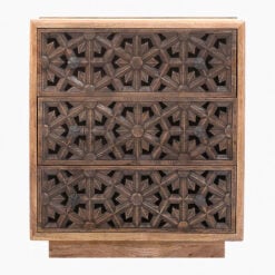 Boho Rustic Floral Carved 3 Drawer Solid Mango Wood Chest Of Drawers