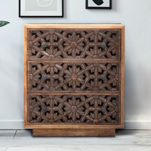 Boho Rustic Floral Carved 3 Drawer Solid Mango Wood Chest Of Drawers