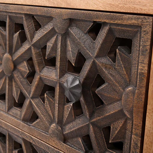 Boho Rustic Floral Carved 3 Drawer Solid Mango Wood Chest Of Drawers