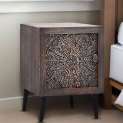 Boho Rustic Grey Solid Mango Wood 1 Door Mandala Side Table Bedside Cabinet