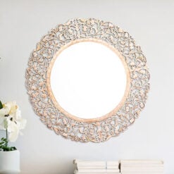 Boho Rustic Light Solid Mango Wood Floral Carved Round Large Wall Mirror 120cm