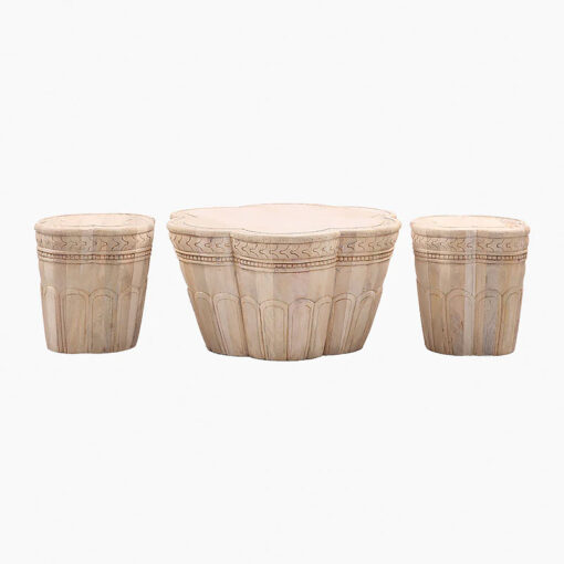 Boho Rustic Set Of 1 Coffee Table And 2 Side Tables Made Of Solid Light Carved Mango Wood