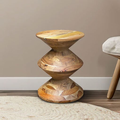 Boho Rustic Solid Acacia Wood Round Totem Pedestal Side Table End Table