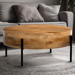 Boho Rustic Solid Light Mango Wood And Black Metal Round Coffee Table