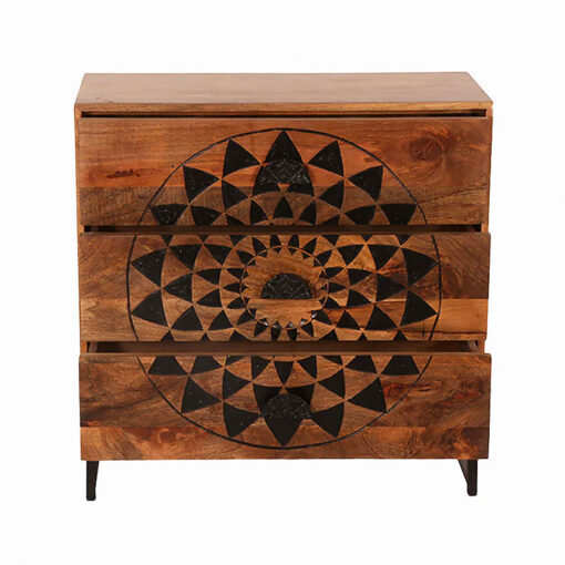 Boho Rustic Solid Mango Wood And Black Metal 3 Drawer Chest Of Drawers