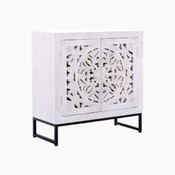 Boho Rustic Washed White Solid Mango Wood Carved Mandala Sideboard Cabinet