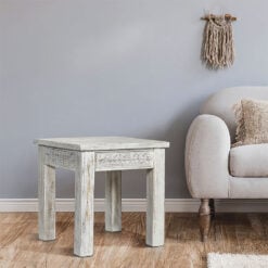 Boho Rustic White Washed Solid Mango Wood Carved Square Side Table End Table