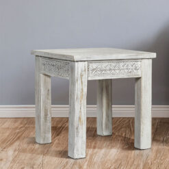 Boho Rustic White Washed Solid Mango Wood Carved Square Side Table End Table