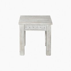 Boho Rustic White Washed Solid Mango Wood Carved Square Side Table End Table