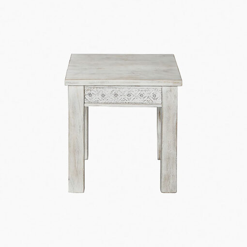 Boho Rustic White Washed Solid Mango Wood Carved Square Side Table End Table