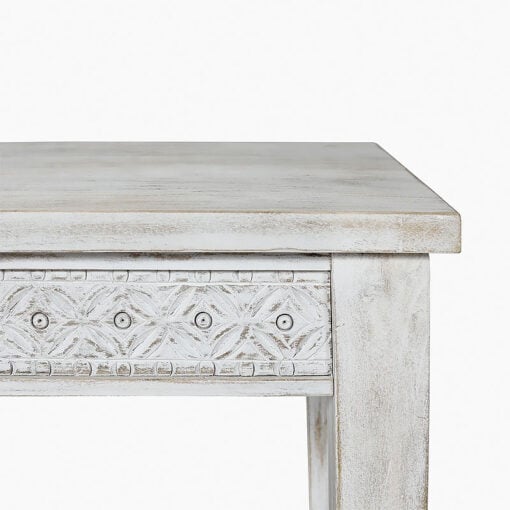 Boho Rustic White Washed Solid Mango Wood Carved Square Side Table End Table