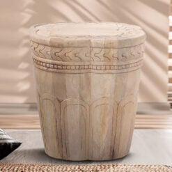 Boho Solid Light Carved Mango Wood Drum Side Table End Table