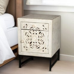 Boho White Washed Carved Solid Mango Wood Side Table Bedside Cabinet