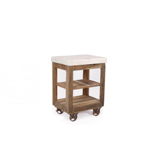 Country Farmhouse Solid Reclaimed Wood And White Marble Kitchen Island On Wheels 67cm