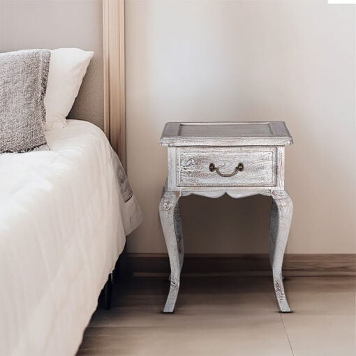 French Country Rustic Washed White Solid Mango Wood 1 Drawer Side Table Bedside Cabinet