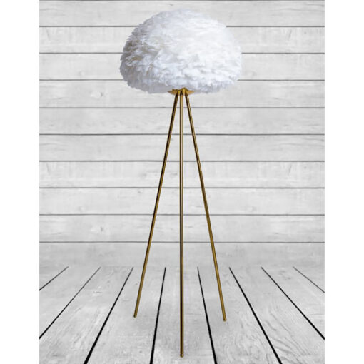 Gold Brass Metal Tripod Floor Lamp With White Feathers Shade 168cm