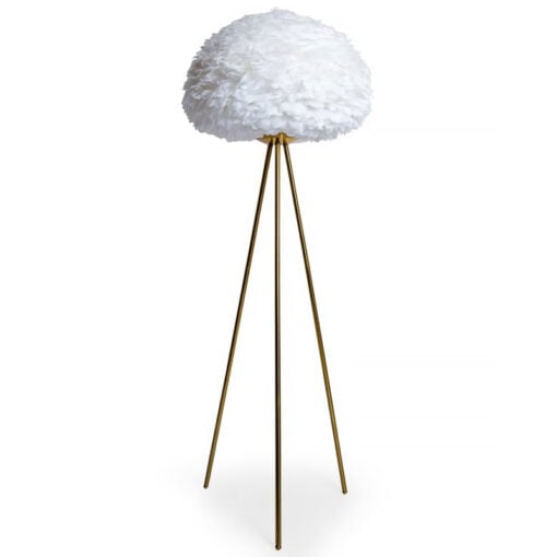 Gold Brass Metal Tripod Floor Lamp With White Feathers Shade 168cm