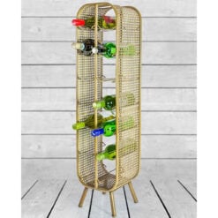 Industrial Antique Gold Metal Rattan Large 14 Bottle Wine Rack