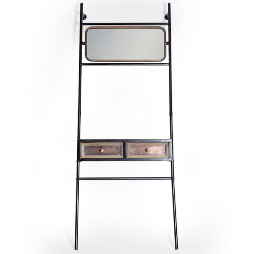 Industrial Black And Antique Gold Metal 2 Drawer Shelving Console With Mirror