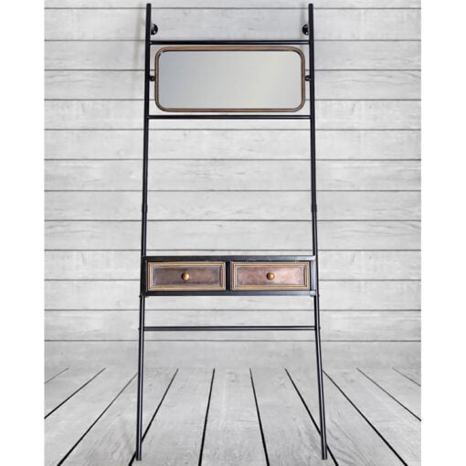 Industrial Black And Antique Gold Metal 2 Drawer Shelving Console With Mirror