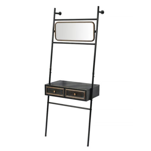 Industrial Black And Antique Gold Metal 2 Drawer Shelving Console With Mirror