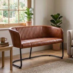 Industrial Genuine Tan Brown Leather And Black Metal 2 Seater Sofa Dining Bench