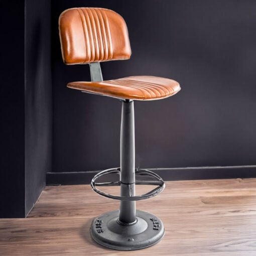 Industrial Genuine Tan Brown Leather And Black Metal Bar Stool