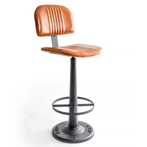 Industrial Genuine Tan Brown Leather And Black Metal Bar Stool