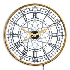 Large Backlit Gold Metal And White Glass Roman Numerals Wall Clock 60cm