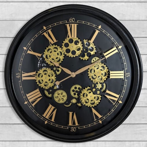 Large Black And Gold Visible Exposed Moving Gears Wall Clock 80cm