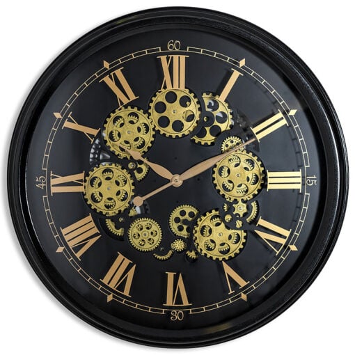 Large Black And Gold Visible Exposed Moving Gears Wall Clock 80cm