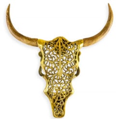 Large Gold Metal And Wood Tribal Bison Head Wall Art Decoration 51cm