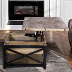 Lift Top Rustic Industrial Solid Mango Wood 2-Tier Coffee Table With Black Metal Frame