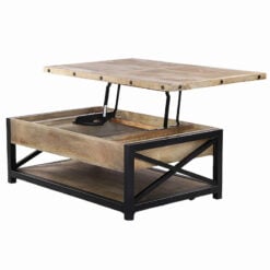 Lift Top Rustic Industrial Solid Mango Wood 2-Tier Coffee Table With Black Metal Frame