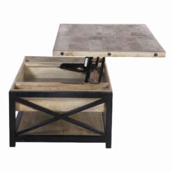 Lift Top Rustic Industrial Solid Mango Wood 2-Tier Coffee Table With Black Metal Frame