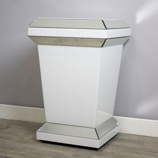 Madison White Glossy Glass And Mirrored Pedestal Pillar Side Table 60cm