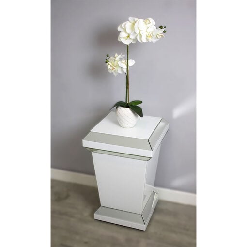 Madison White Glossy Glass And Mirrored Pedestal Pillar Side Table 60cm