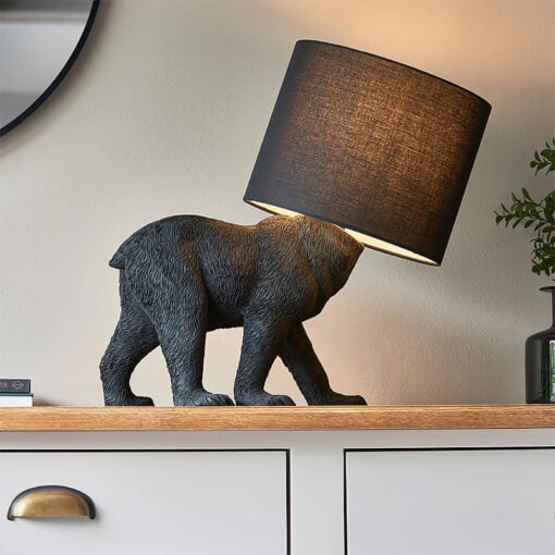 Matte Black Resin Bear Quirky Animal Table Lamp With Black Shade 44cm